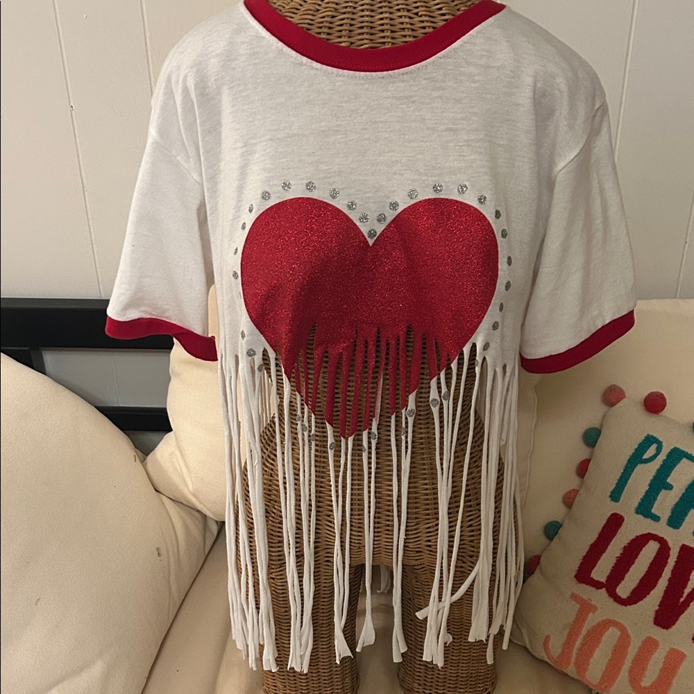 Fringe Shredded Heart T-Shirt - Red & White